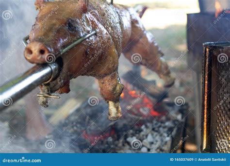 Roast Pig on a Spit. Pig Cooking in Germany Stock Image - Image of ...