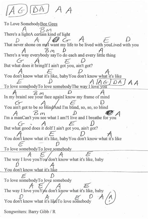 To Love Somebody (Bee Gees) Guitar Chord Chart | Great song lyrics, Lyrics and chords, Guitar ...