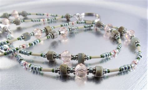 ID Lanyard, Badge Necklace - Impression Jasper, Antique Rose, Sage and Pink Crystal Glass ID ...