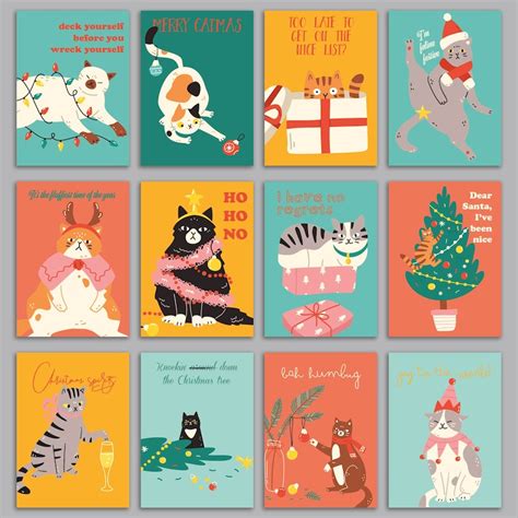 24 Funny Colorful Cat Christmas Cards in 12 Unique - Etsy