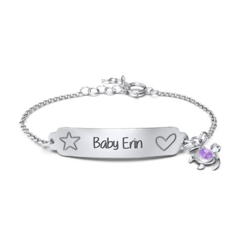 Engraved Heart and Star Baby Bracelet with Birthstone Turtle Charm and ...