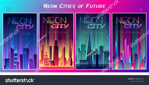 Cities Future Colorful Neon Posters Set: vector de stock (libre de ...