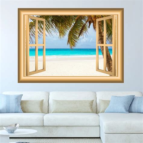 VWAQ Window Frame Wall Decal Beach Scene Ocean Peel and Stick Mural - NW5 (24"H X 30"W ...