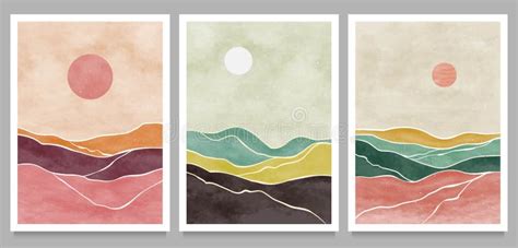 Natural Abstract Mountain on Set. Mid Century Modern Minimalist Art Print Stock Vector ...