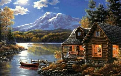 Lakeside, cabin | Kinkade paintings, Landscape paintings, Lake painting