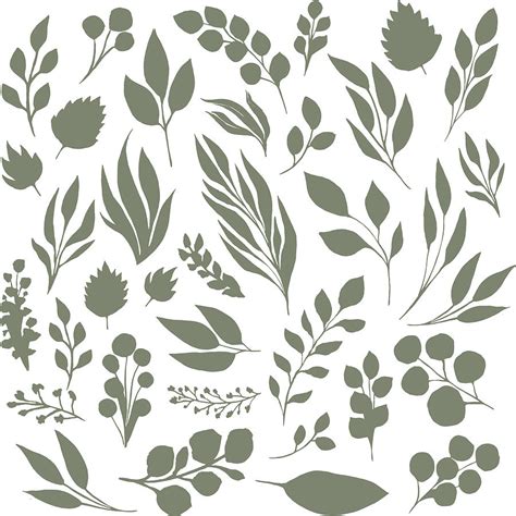 Elegant floral pattern, light green leaf inked silhouettes set, vector ...