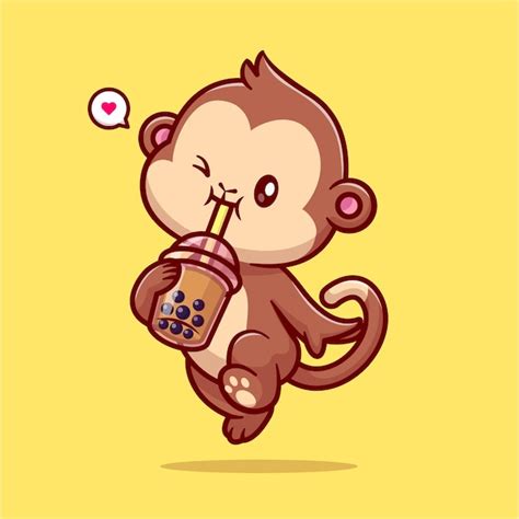 Premium Vector | Cute monkey drinking boba milk tea cartoon vector icon illustration animal ...