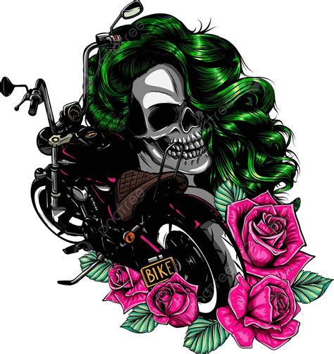 Motorcycle With Skull And Rose Vector Illustration Featuring A Woman Rider Vector, Roses, Tattoo ...