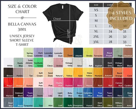 Bella Canvas 3001 Color Chart, BC Unisex Tee Solid Color and Size Chart ...