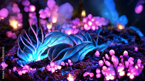 ภาพประกอบสต็อก Real 4K, 16:9, Colorful unreal bioluminescence flower ...