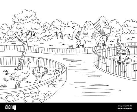 Zoo Park Grafik schwarz weiß Landschaft Skizze Illustration Vektor Stock-Vektorgrafik - Alamy