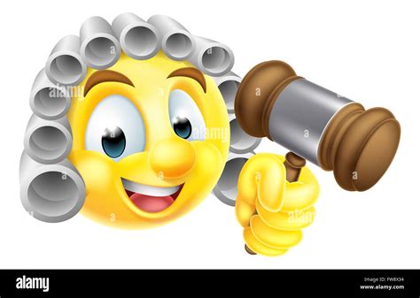 A cartoon emoticon emoji judge character in white wig holding wooden ...