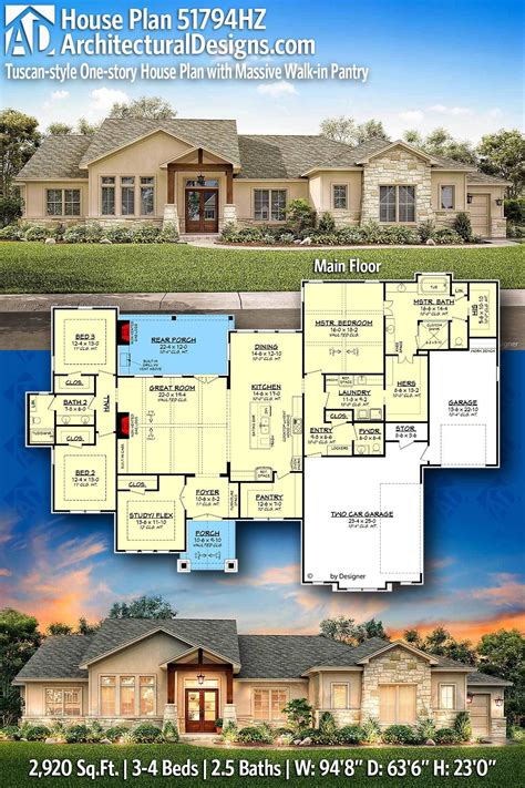 Plan 51794HZ: Tuscan-style One-story House Plan with Massive Walk-in ...