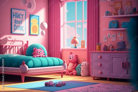 Kids bedroom background cartoon in pink color. Child bedroom interior. Generative AI Stock ...