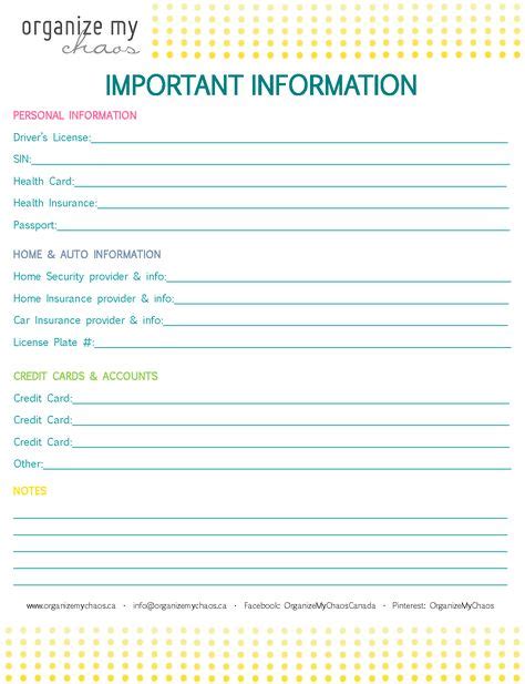 Organize My Chaos' Important Information sheet. Store all your personal ...