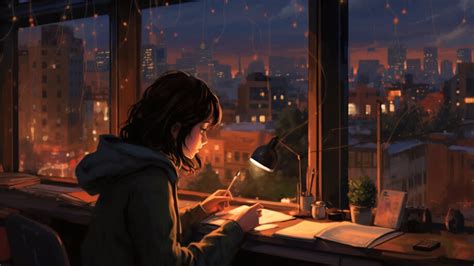 Girl Studying Night City 4K #6981k Wallpaper PC Desktop