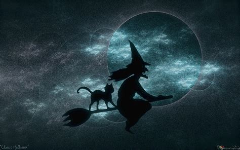 Black cat behind the flying witch with her broomstick 2K wallpaper download