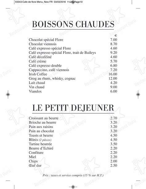 Menu at Café de Flore, Paris, 172 Bd Saint-Germain