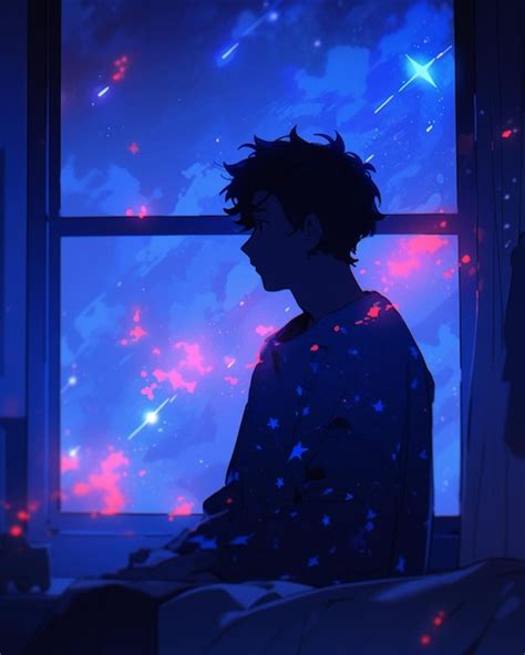 Premium AI Image | Anime boy sitting on bed looking out window at night ...