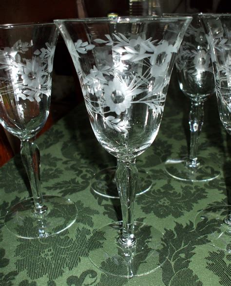 Crystal Stemware Tall Wine Glasses Etched Floral Leaves | Etsy