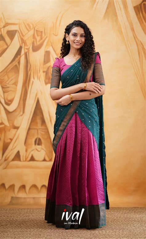 Pink Half Saree (Langa Voni) With Contrasting Green Border - Keep Me Stylish