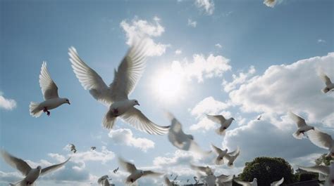 Premium Photo | White pigeons flying in the bright sky set