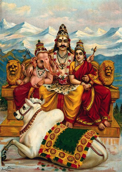 Shiva, Parvati and Ganesha enthroned on Mount Kailas with Nandi the ...