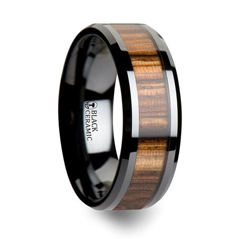 Black Ceramic Wedding Band with Zebra Wood Inlay | Vansweden Jewelers