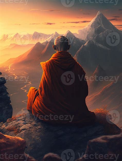 A Buddhist monk meditating on top of a mountain during sunrise with depth effect, 22965323 Stock ...