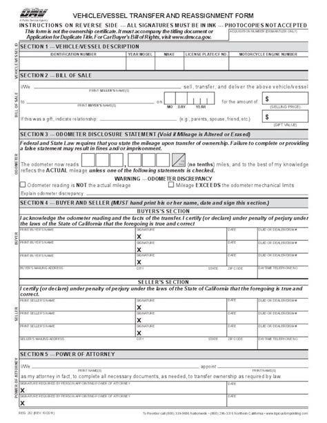 California DMV Form REG 262 Vehicle Vessel Transfer and Reassignment Form Carbon Copy Version - Etsy