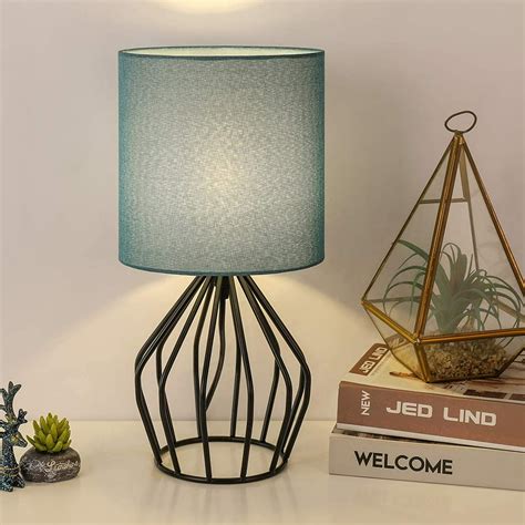 Modern Table Lamp - Small Nightstand Teal Lamp for Bedroom, Black Metal Cage Table Lamp with ...