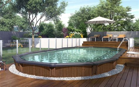 Aqua-Wood | Oval semi-inground wood pool Semi Inground Pool Deck, Inground Pool Landscaping ...