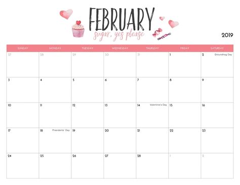 the free printable calendar for february with hearts and cupcakes in ...