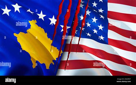 Kosovo and USA flags with scar concept. Waving flag,3D rendering. USA and Kosovo conflict ...