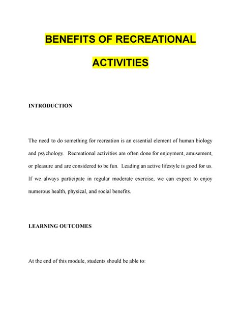 Benefits OF Recreational Activities - BENEFITS OF RECREATIONAL ACTIVITIES INTRODUCTION The need ...