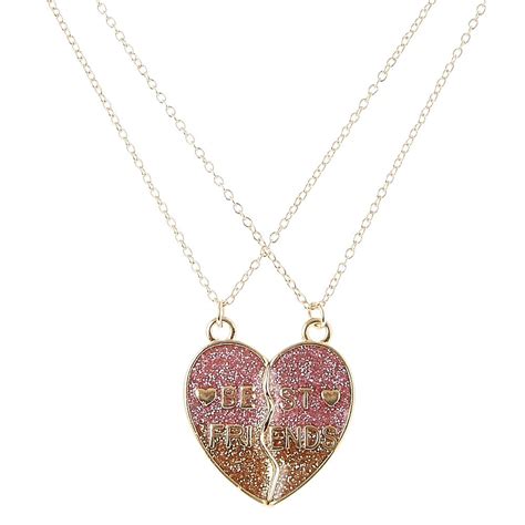 Best Friends Gold Glitter Split Heart Pendant Necklaces Bff Jewelry ...