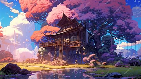 Premium Photo | Anime scenery of a japanese house in a forest with a pond generative ai