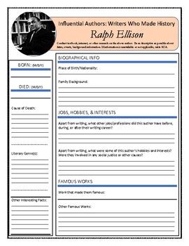 Ralph Ellison Biography Worksheet by Ridley Learning Affiliates | TPT