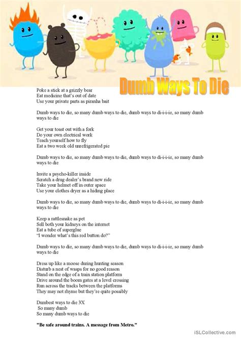 Dumb ways to die (song lyrics gapfil…: English ESL worksheets pdf & doc