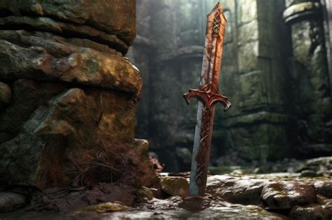 Premium AI Image | A detailed closeup of a rusted sword stuck in an old stone