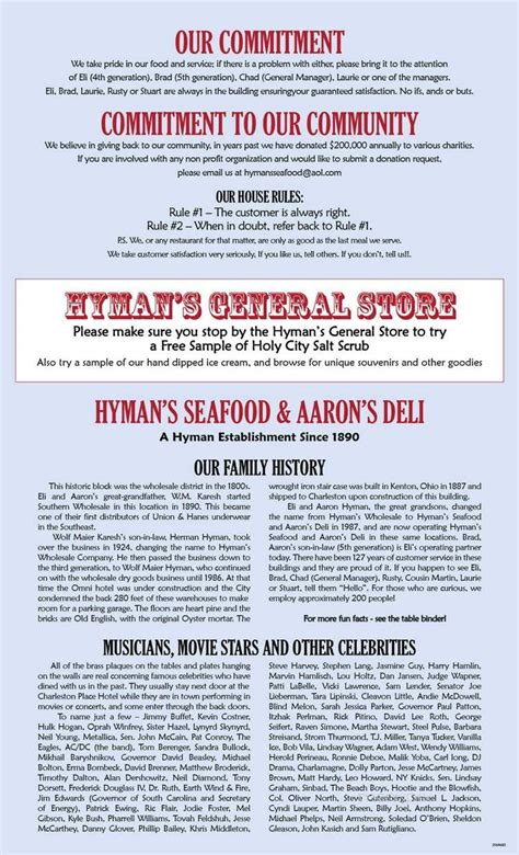 Menu of Hyman's Seafood in Charleston, SC 29401