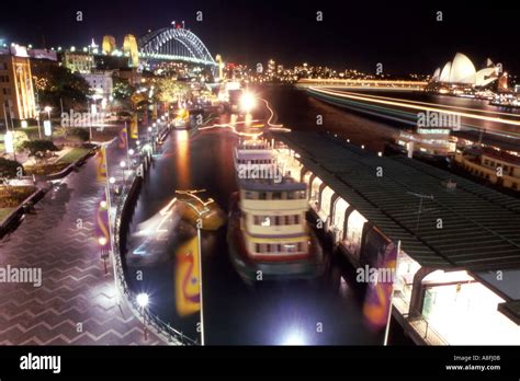 Circular Quay Sydney at night with docked cruise liner and Sydney ...