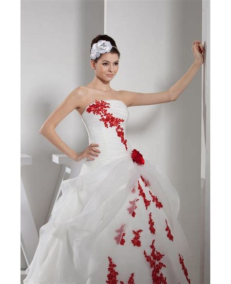 Gorgeous Red and White Lace Organza Wedding Dress Strapless #OPH1359 $260.9 - GemGrace.com