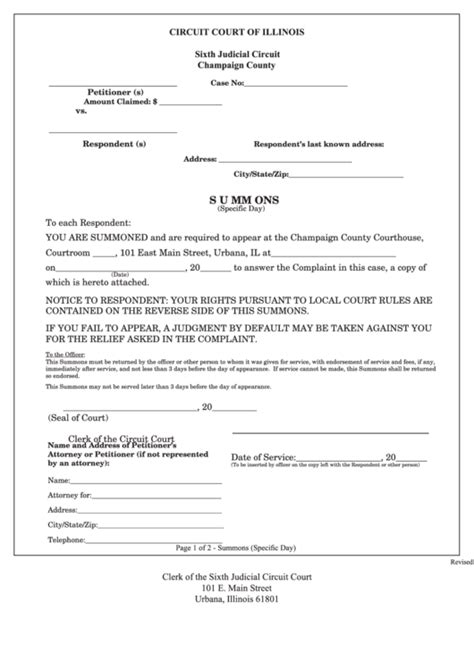 Fillable Summons Form - Circuit Court Of Illinois printable pdf download