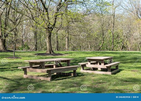 Two Picnic Tables in a Field in Frick Park, Located in Pittsburgh, Pennsylvania, USA Stock Photo ...