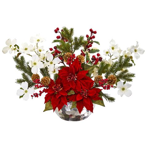 Nearly Natural Poinsettia, Dogwood, Berry and Pine Artificial Arrangement in Silver Vase ...