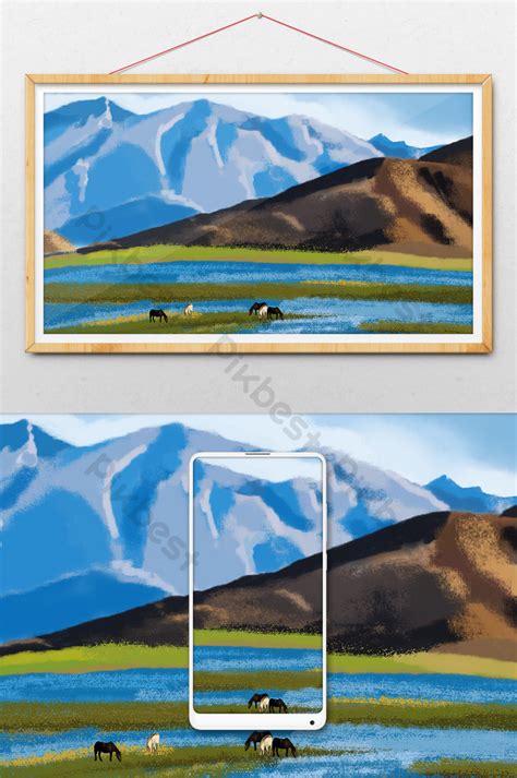 summer mountain buffalo herd landscape wallpaper poster drawing ...