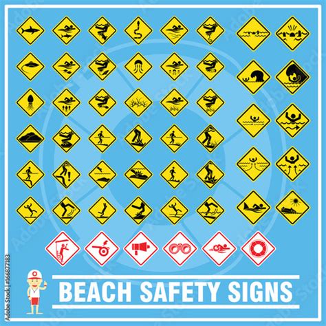 Set of signs and symbols of beach safety warning, Safety signs for use ...