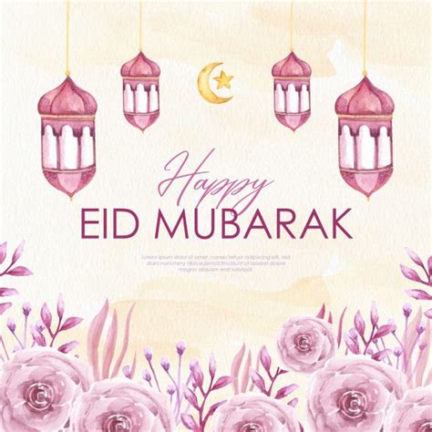 Premium Vector | Eid mubarak greeting card watercolor with lantern and ...