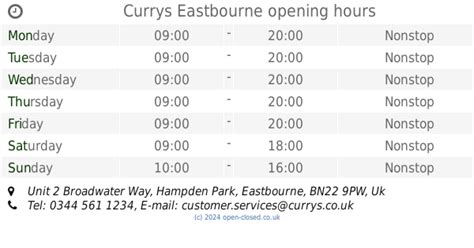 Currys Eastbourne opening times, Unit 2 Broadwater Way, Hampden Park